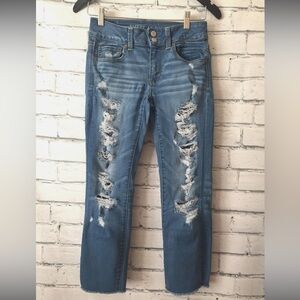 American Eagle Womens Super Stretch Destroyed Artist Crop Blue Jeans Size 4